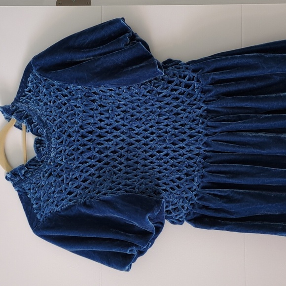 Free People Gumdrop Blue Velvet Ruffled Victorian Style Back Tunic Mini Dress L - Picture 3 of 8